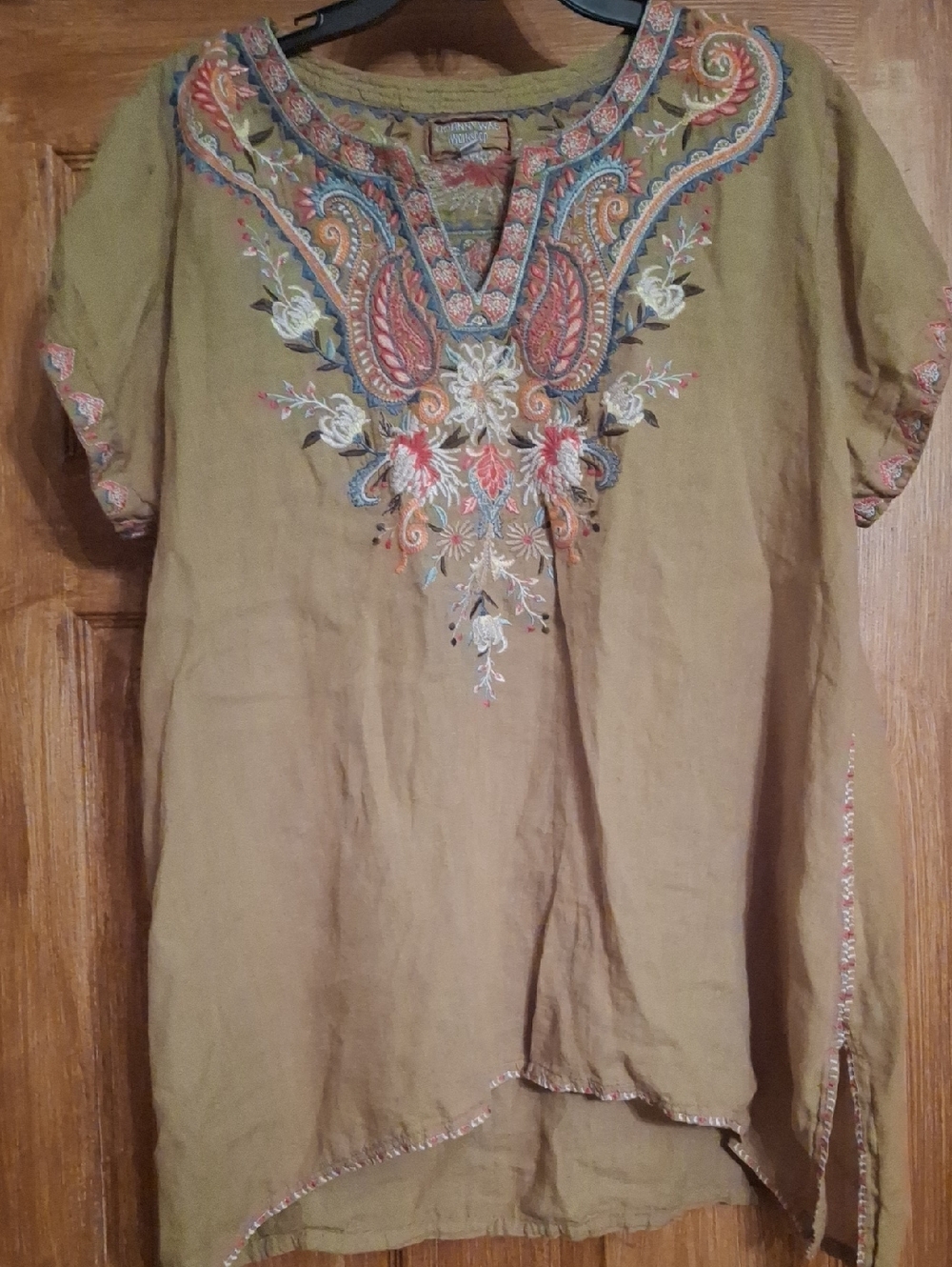 Johnny Was Olive Green Embroidered Tunic with Multicolor Accents